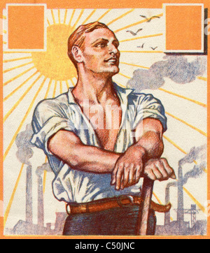 Alte deutsche Illustration 1929. Zeigt einen starken Mann vor dem Hintergrund des Werks. Stockfoto