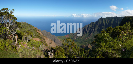 Weitwinkelaufnahme des Kalalau Valley an der Na Pali Küste auf den Norden von Kauai, Hawaii Stockfoto