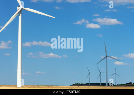 Gruppe von Windmühlen mit bewölktem Himmel Stockfoto