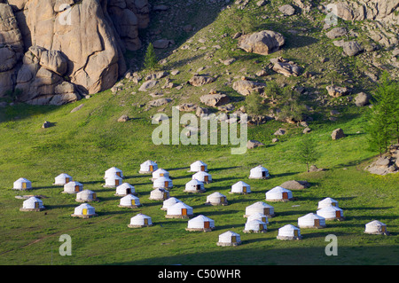 Mongolische Jurten in Gorkhi-Terelji Nationalpark, Mongolei Stockfoto