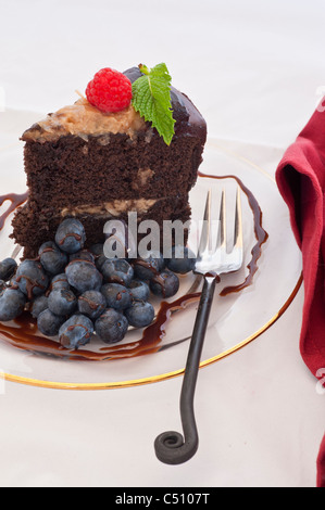 Leckere deutsche Layer Cake mit Heidelbeeren und Himbeeren obendrauf. Stockfoto