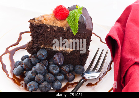 Leckere deutsche Layer Cake mit Heidelbeeren und Himbeeren obendrauf. Stockfoto