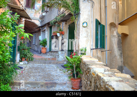 eine alte Straße in der Altstadt von Cervo, Ligurien Stockfoto