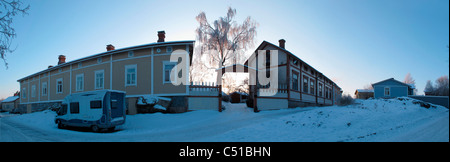 Panorama Finnland Rauma mittelalterliche Altstadt voller Holzhäuser im Winterschnee Stockfoto