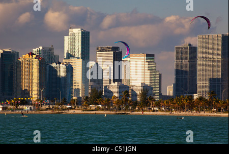 Downtown Miami Florida Skyline und Rickenbacker Causeway von Biscayne Bay Kite Surfern im Wasser Palmen am Strand, lila Wolken, blauer Himmel Stockfoto