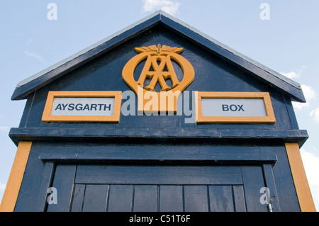 AA (Automobile Association) Box 442 & Logo Symbol Nahaufnahme (seltene alte historische ikonische Straßenrand Telefon Kiosk) - Aysgarth, North Yorkshire, England, Großbritannien. Stockfoto