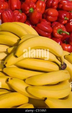 Trauben von Bananen und Paprika auf öffentlichen Markt in Rochester New York Stockfoto