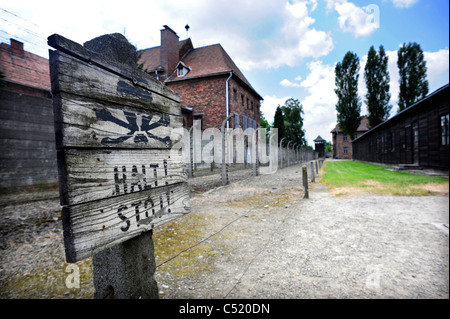 Ehemaligen KZ Auschwitz 1 und heute ein staatliches Museum - Stoppschild Halt vor dem elektrischen Zaun Stockfoto