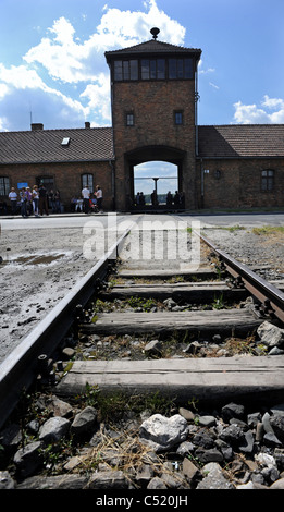 Ehemaligen KZ Auschwitz II Birkenau und heute ein staatliches Museum - Eisenbahnlinie, die im Vorfeld zum Haupttor in Birkenau Stockfoto