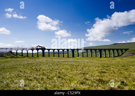 Dampfzug auf Ribblehead-Viadukt, North Yorkshire, UK Stockfoto