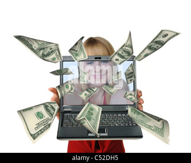 Die Frau mit dem Laptop in den Händen und ausfliegen Dollar. Es ist isoliert auf weißem Hintergrund Stockfoto