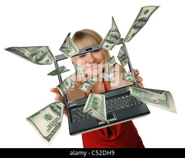 Die Frau mit dem Laptop in den Händen und ausfliegen Dollar. Es ist isoliert auf weißem Hintergrund Stockfoto
