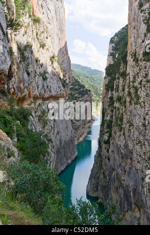 Mont-Rebei Noguera Cliff Canyon Montsec grünen Natur Felsen Spanien Blauwasser Katalonien Erosion Laub Fluss Fluss gorg Stockfoto