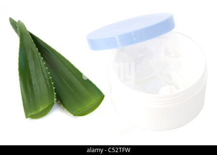 Aloe Vera Blätter und Creme isoliert auf weißem Hintergrund Stockfoto