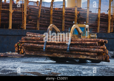 Log-Schiff geladen mit Sitka Fichte aus Chiniak und Fortsetzung Punkt bei LASH dock in Frauen Bay, Kodiak Island, Alaska Stockfoto