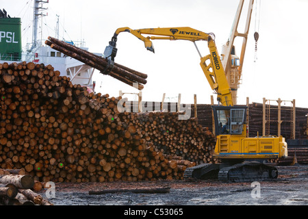 Log-Schiff geladen mit Sitka Fichte aus Chiniak und Fortsetzung Punkt bei LASH dock in Frauen Bay, Kodiak Island, Alaska Stockfoto