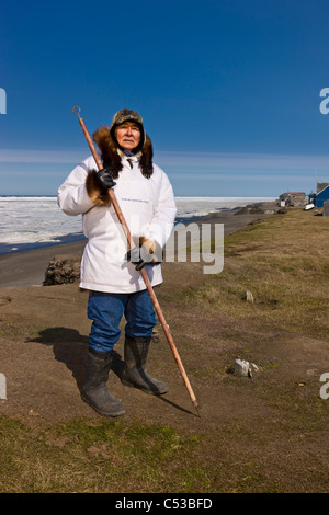 Inupiaq Eskimo hält einen Spazierstock auf alte Utkeagvik Stadt mit Blick auf die Tschuktschensee, Barrow, Alaska Stockfoto