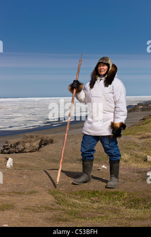 Inupiaq Eskimo hält einen Spazierstock auf alte Utkeagvik Stadt mit Blick auf die Tschuktschensee, Barrow, Alaska Stockfoto