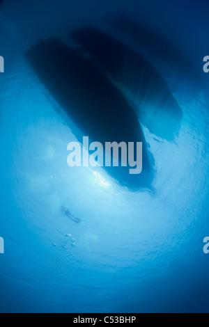 Mann, Schwimmen im Meer in der Nähe des Bootes. Der Blick aus dem Wasser. Stockfoto