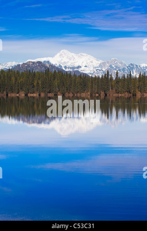 Malerische Aussicht auf die Südseite des Mt. McKinley und Alaska Range mit Byers See im Vordergrund, Yunan Alaska, Frühjahr Stockfoto