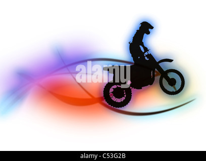 Silhouette eines Mannes auf einem Motorrad auf einem weißen Hintergrund und die bunten Linien Stockfoto