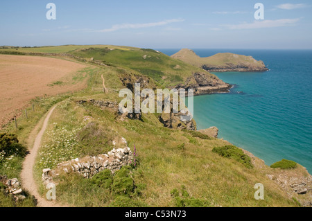 Einen besonders eindrucksvollen Abschnitt von der South West Coast Path, nähert sich der Bürzel und Pentire Point Stockfoto