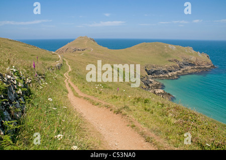 Einen besonders eindrucksvollen Abschnitt von der South West Coast Path, nähert sich der Bürzel und Pentire Point Stockfoto