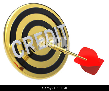 Roten Dart auf einem goldenen Ziel mit Text drauf. Stockfoto