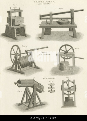 1820-Gravur, "Käse-Press" und "Kannen" von Harland und Rowntree. Stockfoto