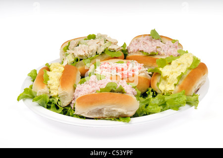 Teller gefüllt mit Eiersalat Salat mit Schinken, Thunfisch-Salat, Geflügelsalat und Meeresfrüchte-Salat Sandwiches in Rollen auf Salat auf weiß. Stockfoto