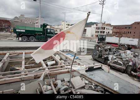 Tsunami-Verwüstungen in Onagawa, Region Tohoku, Japan, 2011. Stockfoto