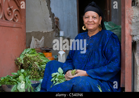 Ägypten, FAYOUM: Frau verkauft Gemüse in Tawfiqiya Dorf. Stockfoto