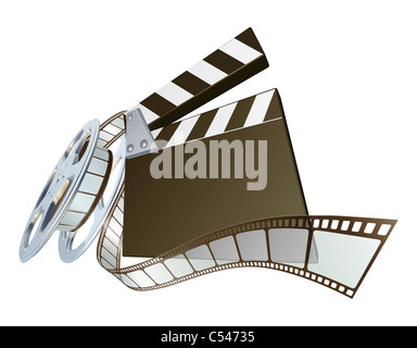 Eine Klappe und Film-Spoolen aus Film Reel Abbildung. Dynamische Perspektive und Exemplar auf dem Board für Ihren Text. Stockfoto