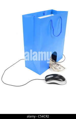 Isolierte Einkaufstasche und Computer-Maus, Konzept des e-Commerce Stockfoto