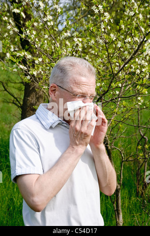 Mann mit Taschentuch, Heuschnupfen, Allergien Stockfoto