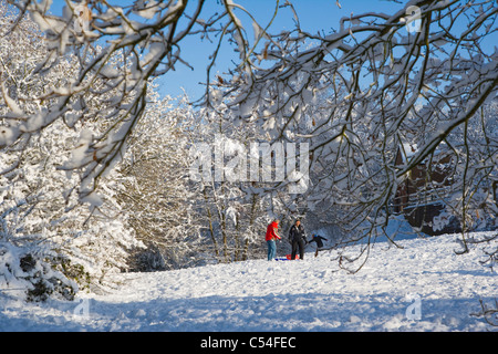 Verschneite Landschaft mit drei Personen mit Schlitten. Burghfield Common, Reading, Berkshire, England, UK Stockfoto