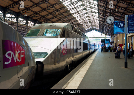 Toulouse, Frankreich, Crowd People, Passagiere, im TGV-Hochgeschwindigkeitszug im Bahnhof, sncf-Bahnsteig, Seitenansicht Stockfoto