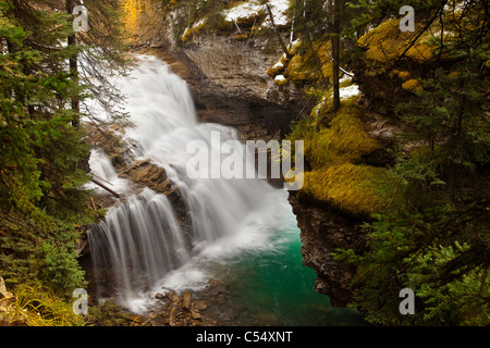 Vogelperspektive Blick auf einen Wasserfall, Johnston Creek, Johnston Canyon, Bow Valley Parkway, Banff Nationalpark, Alberta, Kanada Stockfoto