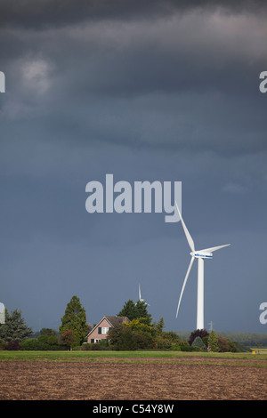 Niederlande, Almere, Wind-Turbinen, Windmühlen und Bauernhof Stockfoto