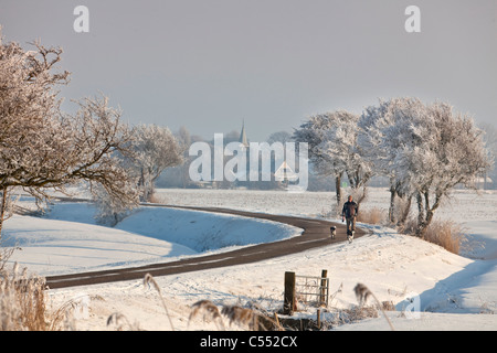 Der Niederlande, Idsegahuizum, Mann mit Hunden auf Landstraße in Frost und Schnee Landschaft wandern. Stockfoto