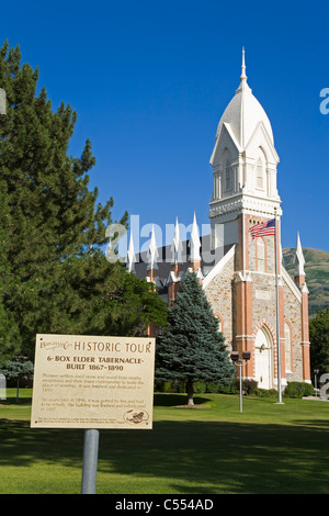 Schild vor einem Tabernakel, Box Elder Tabernakel, Brigham City, Utah, USA Stockfoto