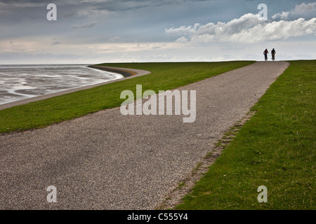 Die Niederlande, Ballum, Ameland Insel, gehört zum Wadden Sea Islands. UNESCO-Weltkulturerbe. Radfahrer am Deich Stockfoto