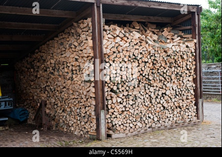 Brennholz in Bauernhof Schuppen gespeichert. Stockfoto