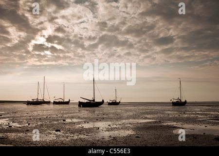 Die Niederlande, Nes, Ameland Insel, gehört zum Wadden Sea Islands. Segelboote auf Schlamm Wohnung im Hafen. Stockfoto