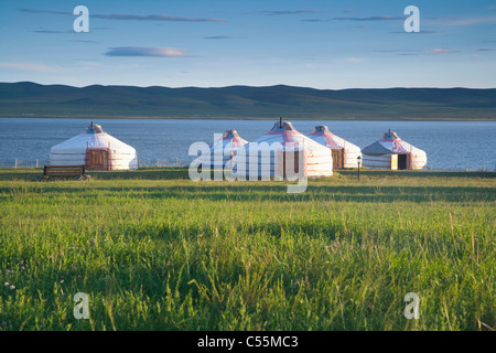 Eine Gruppe von Jurten auf eine offene Grasfläche Stockfoto