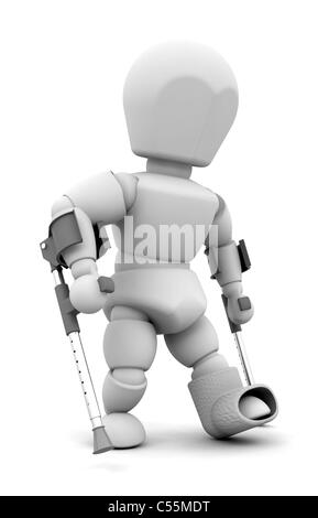 3D Rendern von jemandem auf Krücken Stockfoto