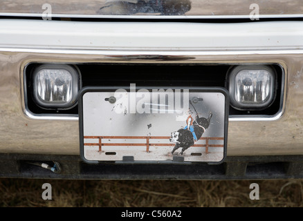 Kfz-Kennzeichen mit einem Bull-Fahrer auf ein Auto beim jährlichen indischer Rodeo statt in Mescalero, New Mexico. Stockfoto