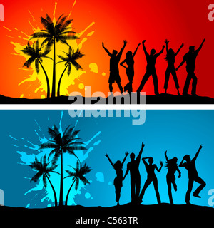 Silhouetten von Menschen tanzen auf Grunge palm Tree Hintergründe Stockfoto