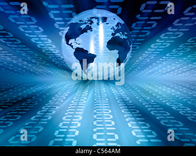 3D Rendern eines Globus auf einem binären Code-Hintergrund Stockfoto