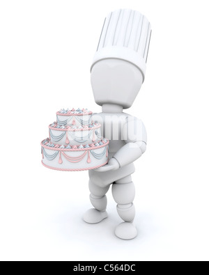 3D Rendern von einem Koch mit einer Geburtstagstorte Stockfoto